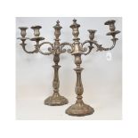 A pair of 19th century plate on copper three light candelabra, some repairs, 52 cm high (2)