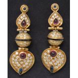 A pair of yellow coloured metal gem set drop earrings, with sapphire and ruby cabochons, brilliant