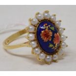 An 18ct gold, enamel and cultured pearl cluster ring, the central enamel panel decorated roses,