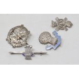 A silver sweetheart brooch, King's Liverpool Regiment, another, The Queen's Own Cameron Highlands,