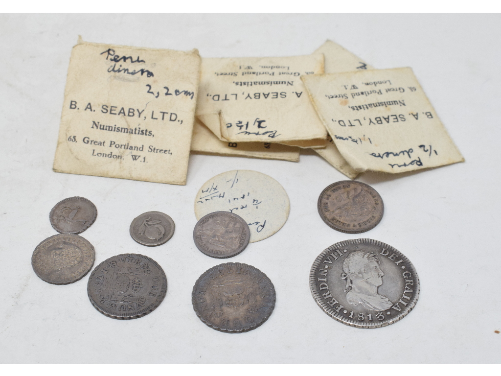 A Mexican Ferdinand VII 2 reales, 1813, and assorted Peru coins