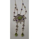 An Art Nouveau style 9ct gold necklace, set peridots, amethyst and seed pearls See illustration