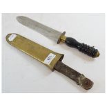 A diver's knife, with a 19.5 cm long blade, turned wood handle and bronze scabbard stamped NON