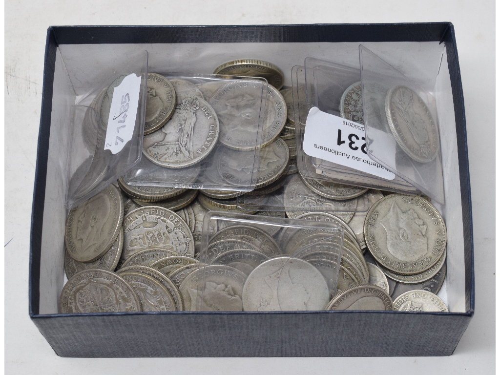 Assorted half crowns, florins and other coins Report by GH Total weight is approx. 1.3 kg. Approx.