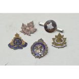 Five Canadian sweetheart brooches, including an enamel and brass 76th Overseas Battery Winnipeg