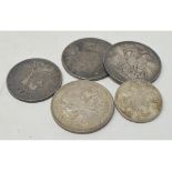 A James II crown, 1688, two other crowns, 1887 and 1889, a double florin, 1887, and a florin,