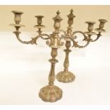 A pair of 19th century plate on copper three light candelabra, some repairs, 52 cm high (2)