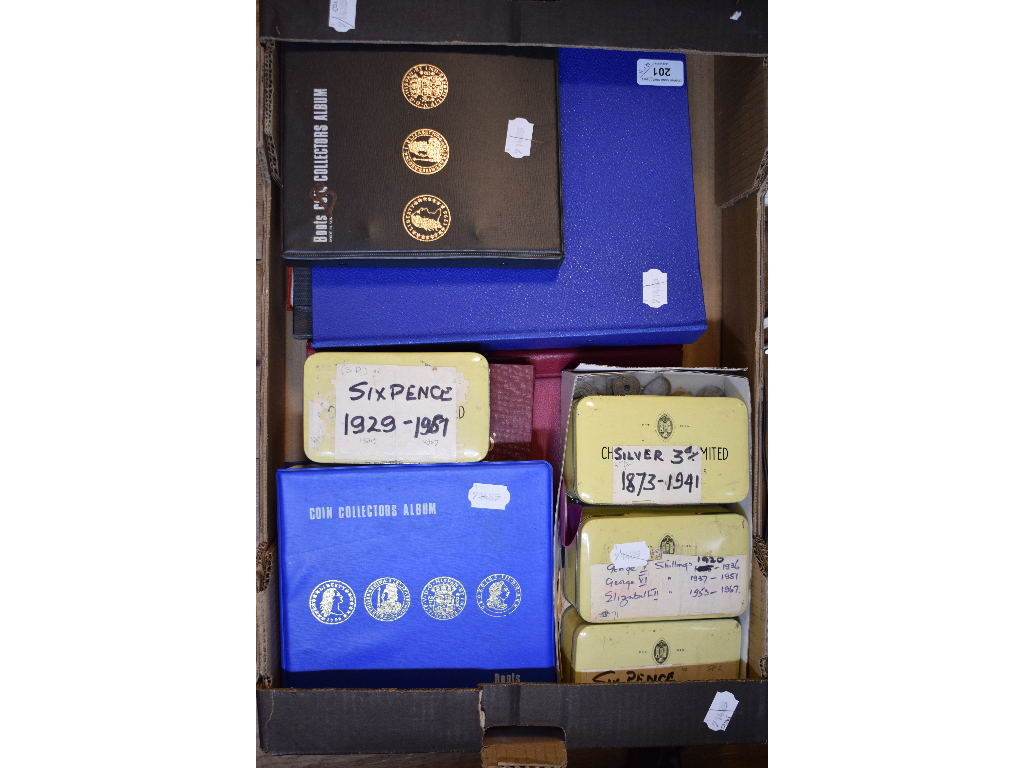 Assorted shillings, sixpences, other coins, assorted stamps and first day covers (box)