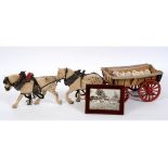 A painted wood model of a Kent hop cart, with team of two grey horses, 1930's, the horses 22.5 cm