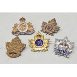 Five Canadian sweetheart brooches, including a sterling silver crown on a maple leaf CANADA, a brass