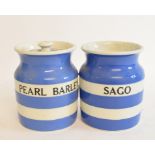 A T G Green & Co Ltd Cornish Ware blue and white storage jar and cover, Pearl Barley, 13 cm high,
