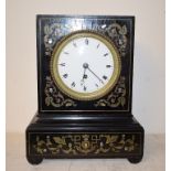 A late 19th century French mantel clock, the 11 cm diameter enamel dial with Roman numerals,