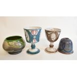 An Aldermaston Pottery goblet, 14 cm high, another, 13 cm high, and two other pieces of studio