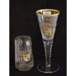 A large 18th century style drinking glass, with enamel and gilt decoration, on a faceted stem, 28 cm