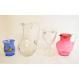 A cut glass water jug, 24.5 cm high, a blue glass mug, and other glass (5)