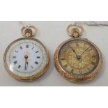 A lady's 9ct gold open face fob watch, the enamel dial with Roman numerals, in an engraved case, and