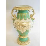 A late Victorian Pot Pourri vase, with gilt decoration, lacks cover, handles repaired 42 cm high