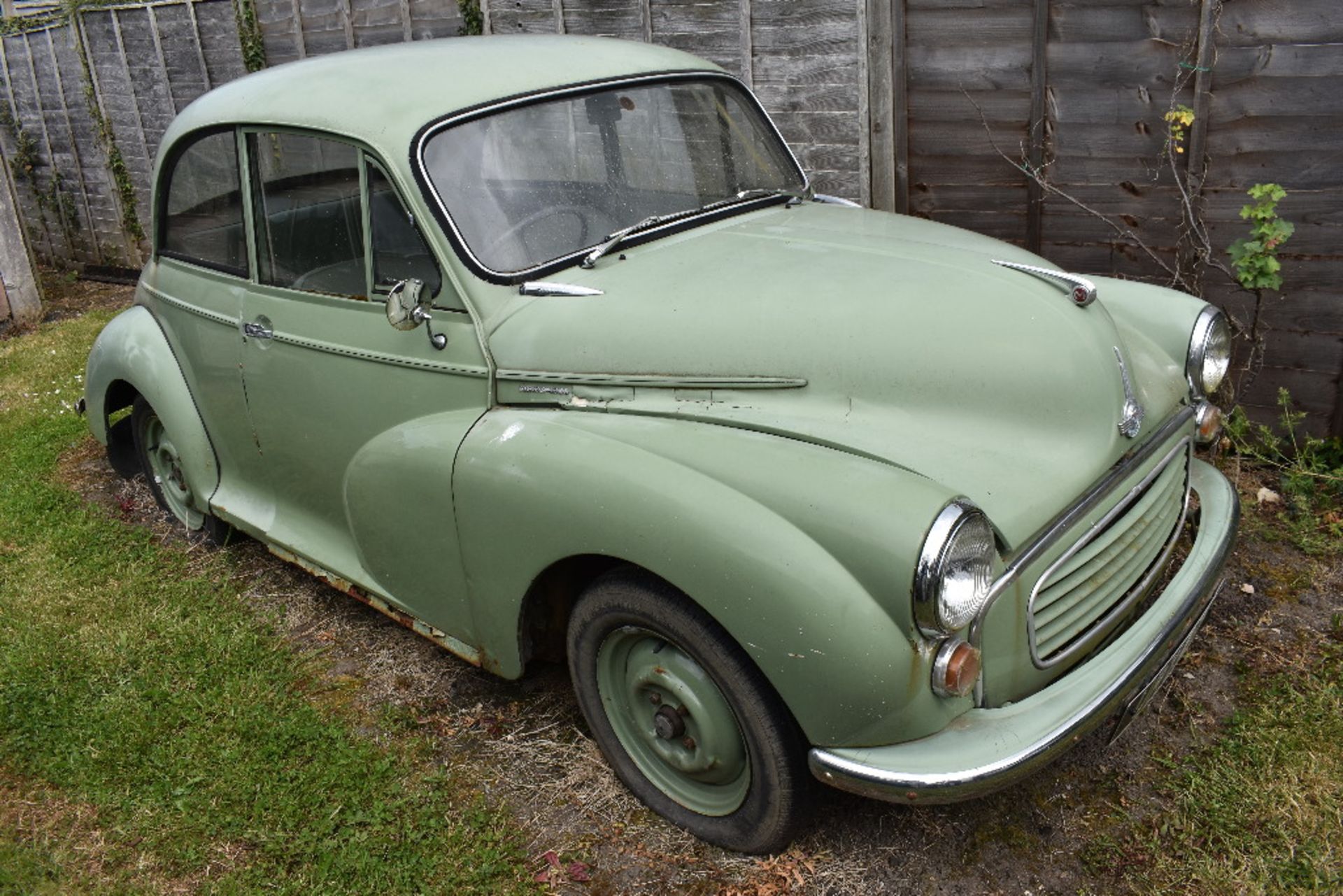 A 1956 Morris Minor two door saloon project, registration number URY 219, Porcelain green. This