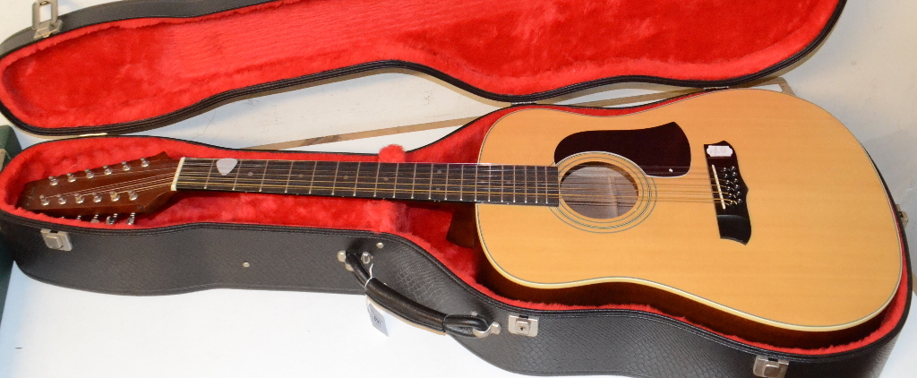 An Aria twelve string acoustic guitar, in a hard case