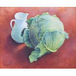 Modern British school, a still life of a cabbage and a jug, oil on canvas, initialled R R and