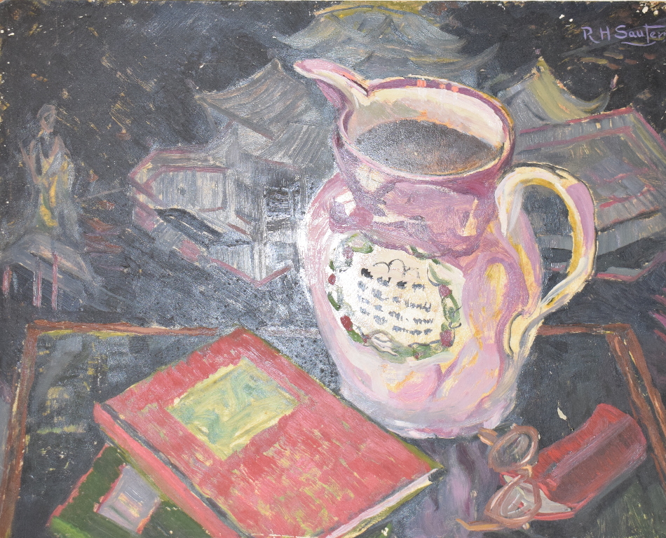 Rudolf Helmut Sauter (1895-1977), Jug and Book, oil on board, signed, artist's label verso, 40.5 x