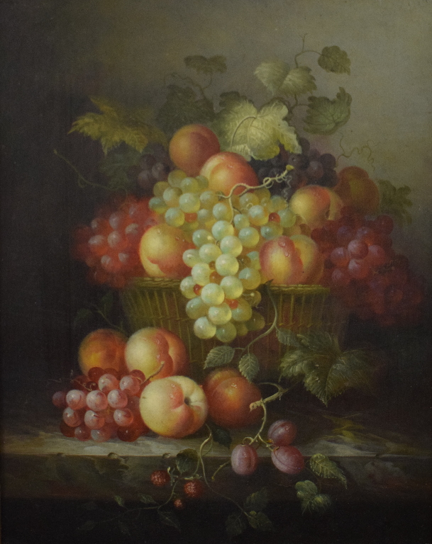 Still life of grapes and peaches in a basket, oil on panel, 48 x 38.5 cm, and its pair (2)