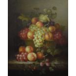 Still life of grapes and peaches in a basket, oil on panel, 48 x 38.5 cm, and its pair (2)