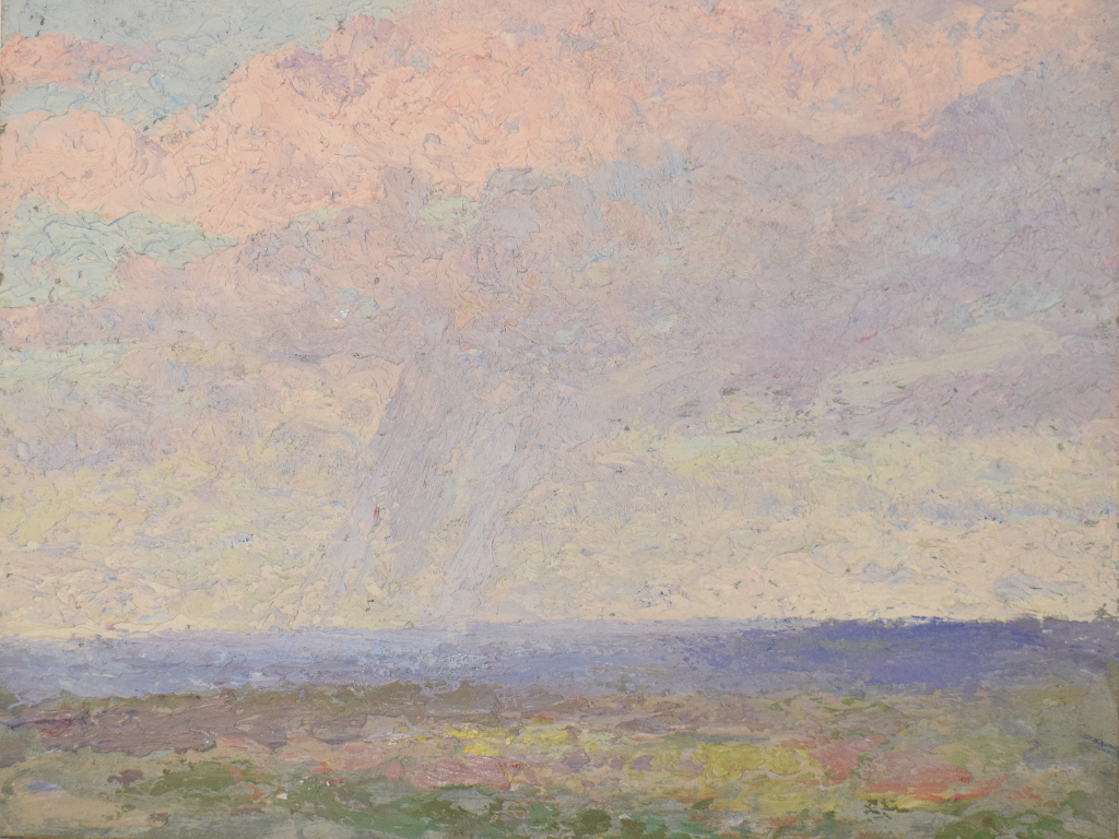 Rudolf Helmut Sauter (1895-1977), clouds gathering over an extensive landscape, oil on board, 22 x