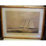 A 19th century yachting print, The Schooner Yacht Alarm RYS 248 tons, in a birdseye maple frame