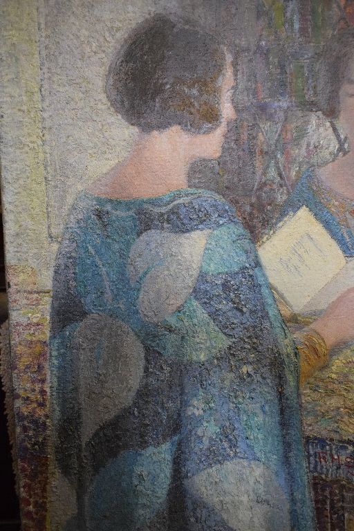 Rudolf Helmut Sauter (1895-1977), a portrait of a lady reading a book facing a mirror, oil on - Image 5 of 8