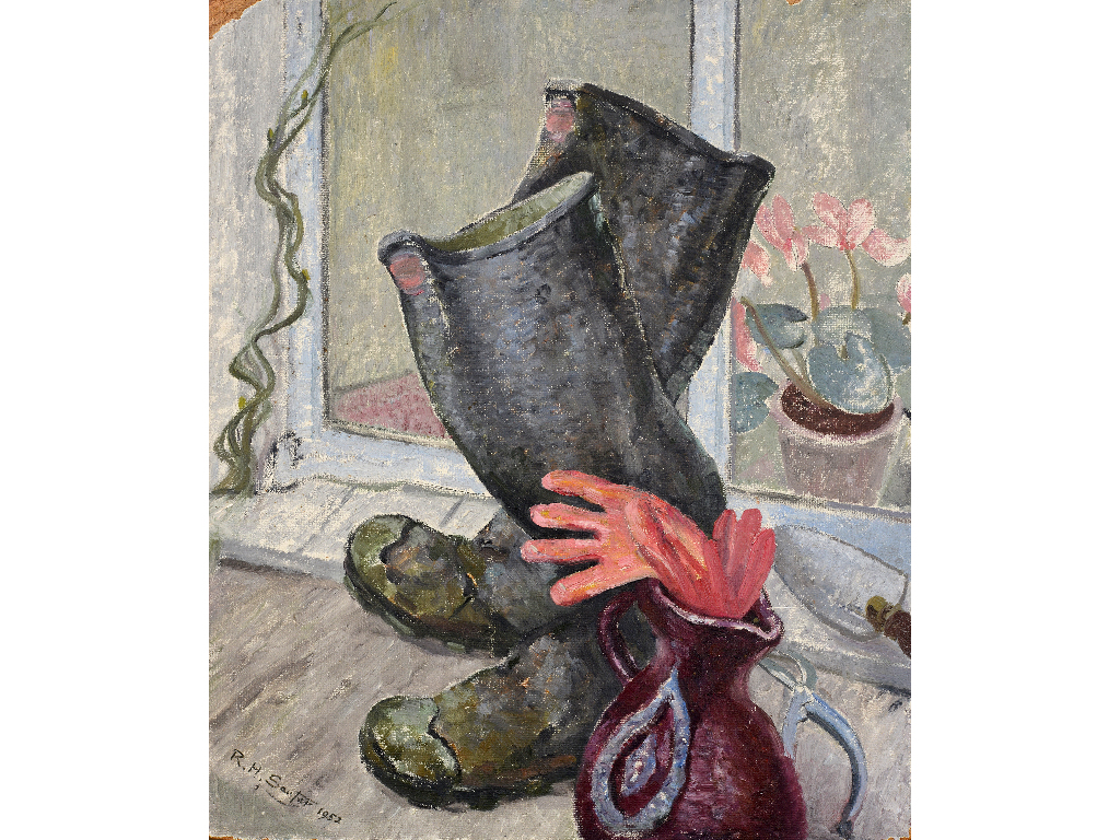 Rudolf Helmut Sauter (1895-1977), a still life of wellington boots and a pair of gloves poking out