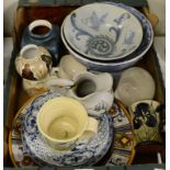 A Chinese blue and white porcelain bowl, studio pottery and glass (box)