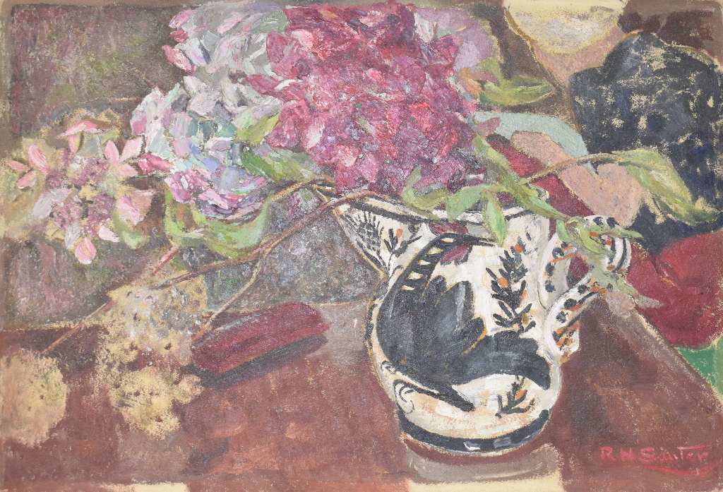 Rudolf Helmut Sauter (1895-1977), Jug and Book, oil on board, signed, artist's label verso, 40.5 x - Image 2 of 3