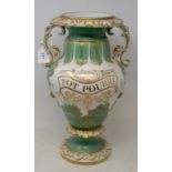 A late Victorian Pot Pourri vase, with gilt decoration, lacks cover, handles repaired, 42 cm high