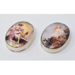 An oval pill box, applied a plaque decorated a lady, 6 cm wide, and another similar (2) Modern