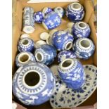 Assorted blue and white porcelain ginger jars and covers, the largest 16 cm high, and other ceramics