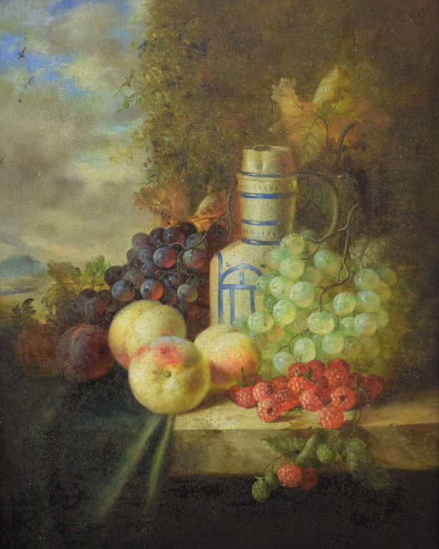 Still life of grapes and peaches in a basket, oil on panel, 48 x 38.5 cm, and its pair (2) - Image 2 of 2