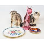 A silver mounted cut glass decanter and stopper, a Winstanley type cat, other cats, Poole pottery