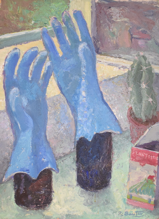 Rudolf Helmut Sauter (1895-1977), a still life of blue gloves, a cactus and a tin on a windowsill,