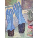 Rudolf Helmut Sauter (1895-1977), a still life of blue gloves, a cactus and a tin on a windowsill,