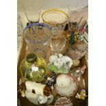 A glass dump weight, 19 cm high, other glass, a Poole pottery owl, other ceramic birds and items (