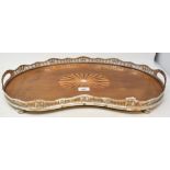 An Edwardian kidney shape tray, with a pierced plated border, and inlaid centre, 56 cm wide