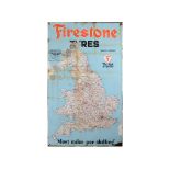 An enamel advertising sign, Firestone Tyres, decorated a roadmap of England & Wales, 72 cm wide