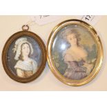 A late 18th/early 19th century oval portrait miniature, of a seated lady with a blue ribbon in her