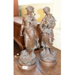 A pair of spelter figures, after Moreau, ladies with flowers, 45 cm high (2)
