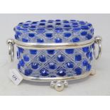 A blue and clear glass biscuit box and cover, with plated mounts, 26 cm wide Modern