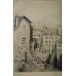 A J A Wates artist's proof etching, Polperro, signed, two other etchings, and five other pictures (