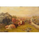 Charles Edward Brittan (1870-1949), cattle resting by a highland stream, oil on panel, signed and