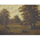 Constance Dickins, a parkland scene with figures and animals, oil on canvas, signed and dated