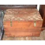 A teak chest, bound in brass, with brass carrying handles to the sides, 98 cm wide Report by RB